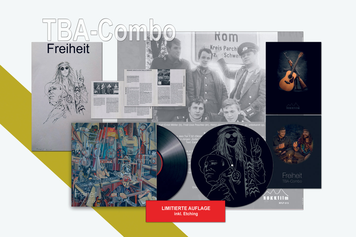 0.1 VORVERKAUF: TBA-Combo FREIHEIT, Single-sided Album, B-Seite mit Laser-Etching, der "Armeerundschau" nachempfundenes Beiheft + handsigniertes Art Print von Cover-Künstler CROW, Ltd. Ed.: 100 Stk.