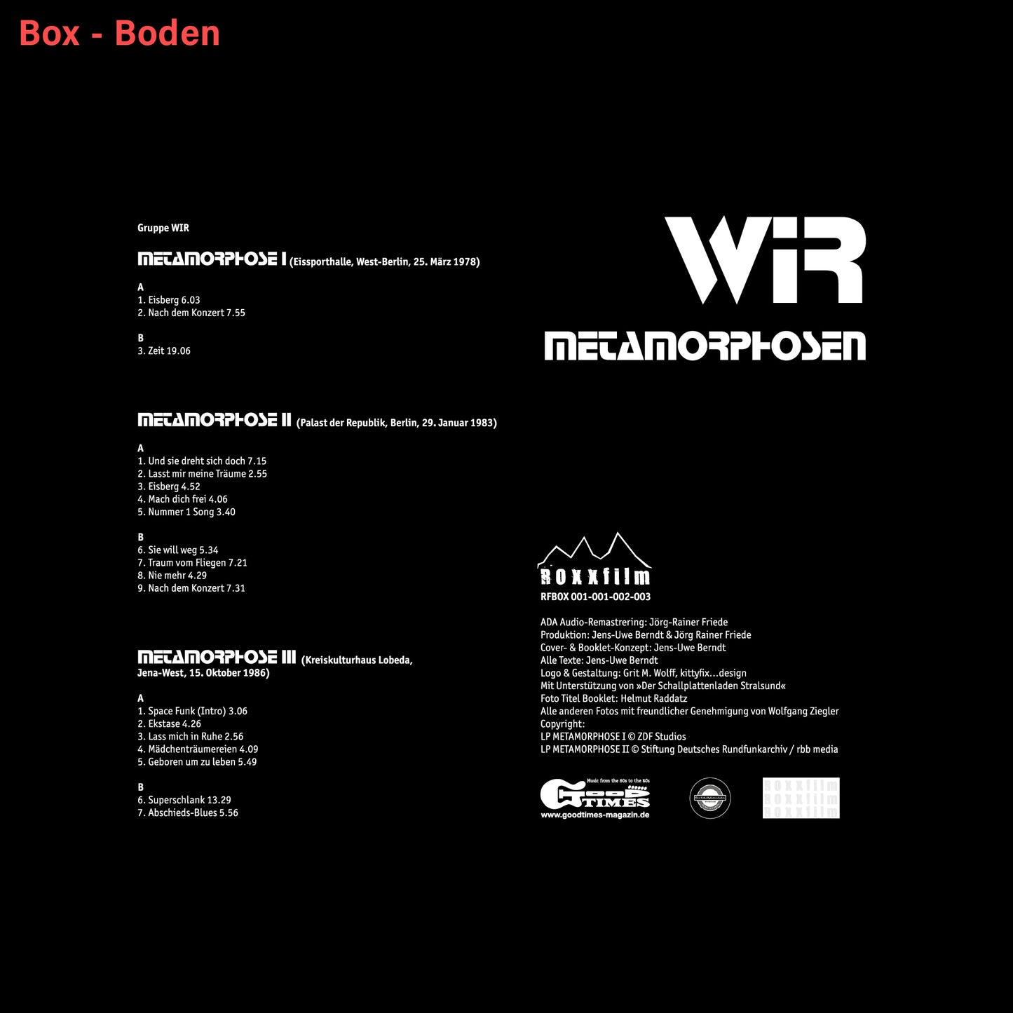 0.9 Wir METAMORPHOSEN, 3-LP-Box, 16-seitiges Booklet, Konzerte von 1978, 1983, 1986, Poster, Aufnahmen restauriert und gemastert, Ltd. Ed. 500